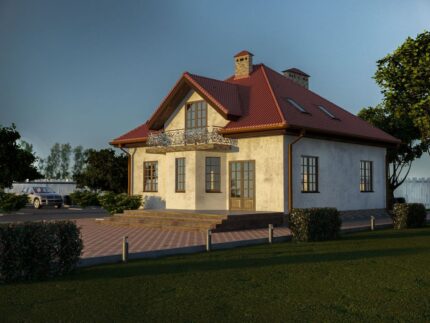 Популярный проект дома 11 на 10 с мансардой, эркером, гаражом и террасой - вид с участка
