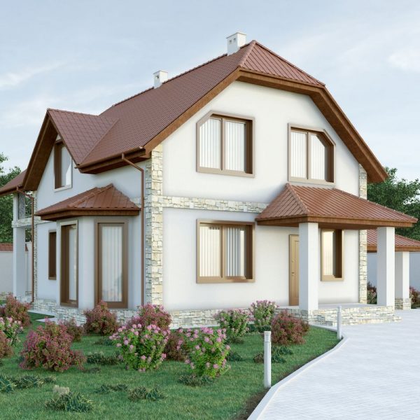 Проект дома мансардного типа с террасой и красивым фасадом мансардного дома