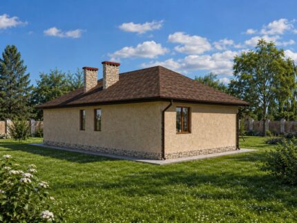 готовый проект дома 110м2 с террасой и камином - вид с участка