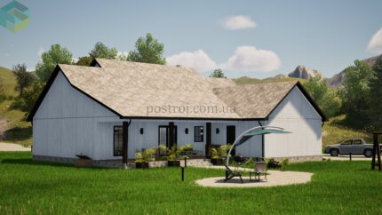 Проект дома Modern Farmhouse с гаражом и мастер-спальней - вид с участка